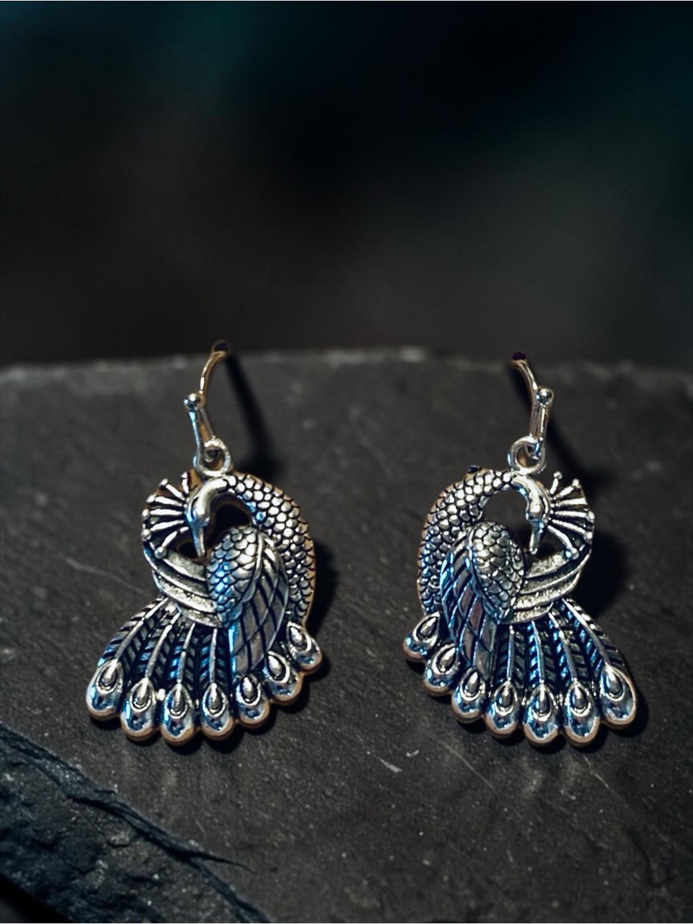 Silver Peacock Feather Drop Earrings